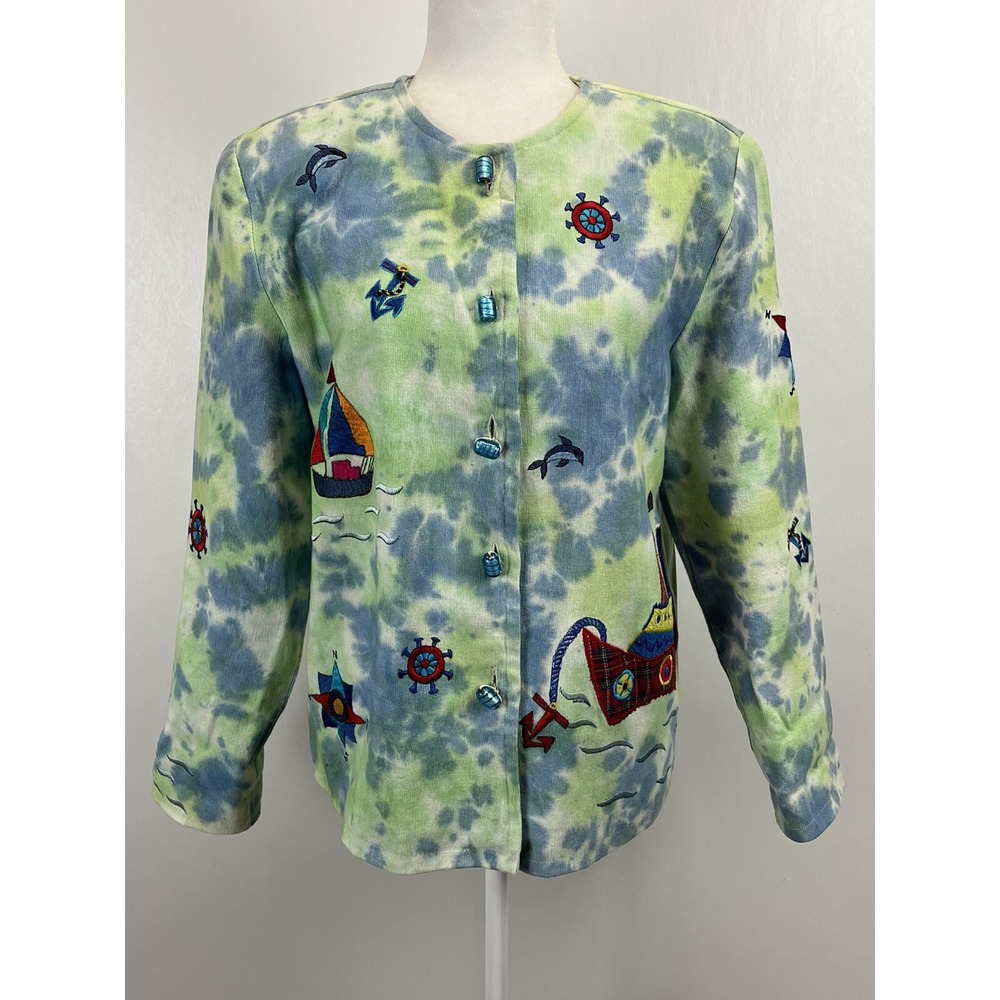 Vtg Daniel K New York Tie Dye Blazer Jacket Sz Medium Artsy Glass Buttons Boats